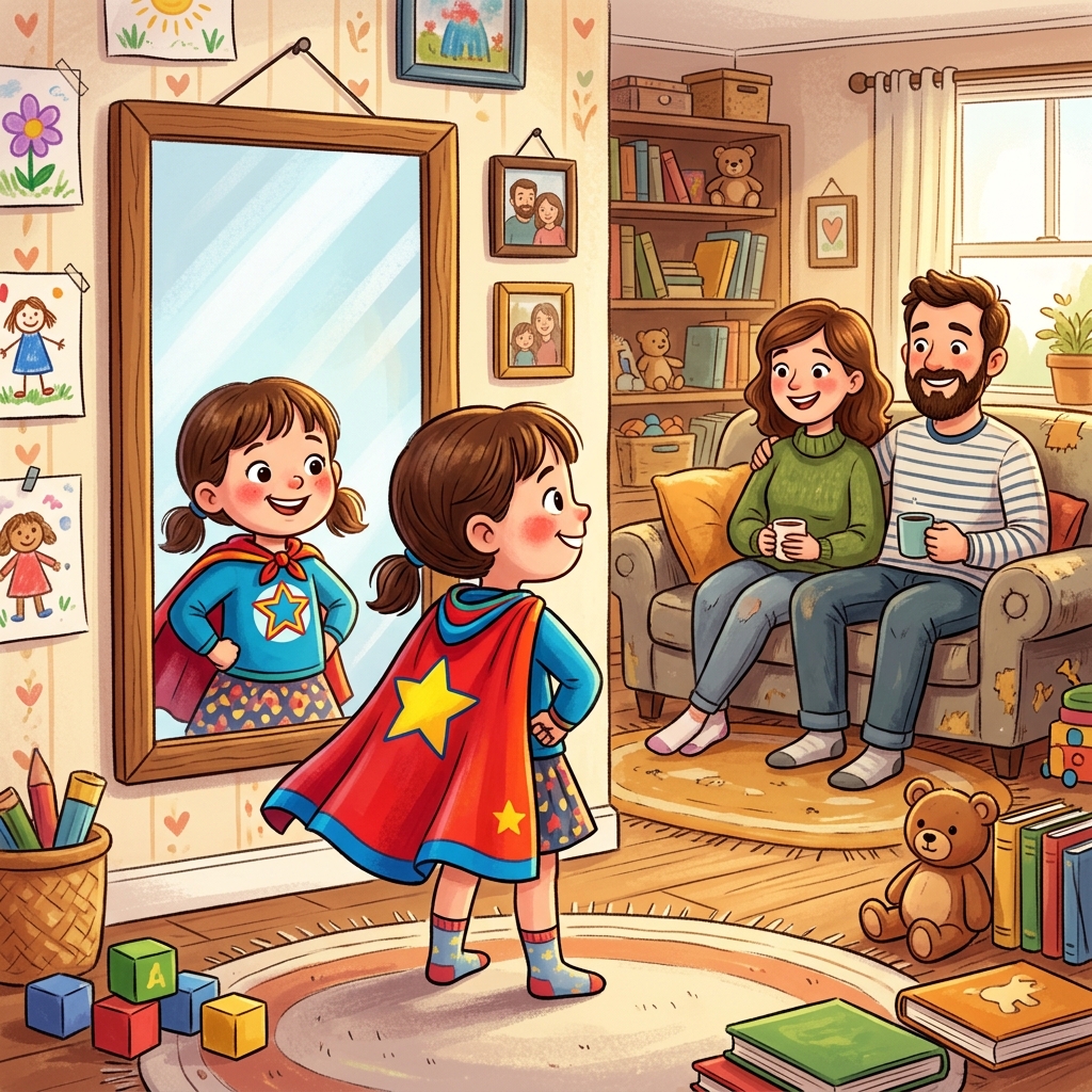 Niño viéndose en el espejo como superhéroe
