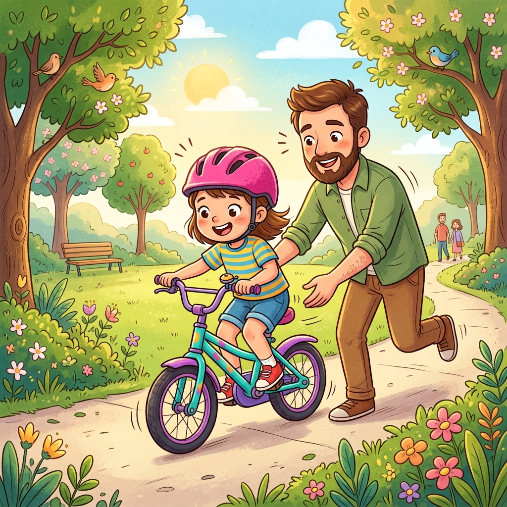 Padre enseñando a su hijo a andar en bicicleta