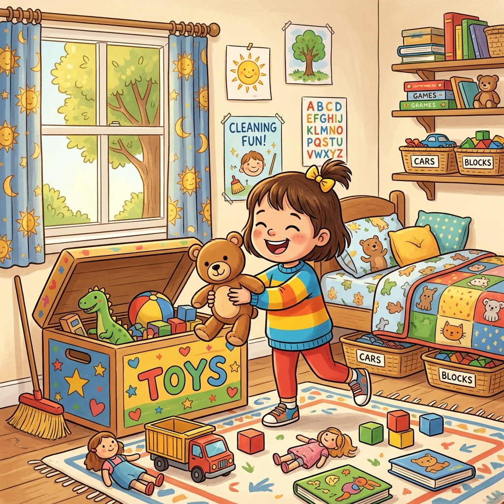 Niño limpiando su cuarto feliz