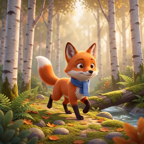 Pipo camina por el bosque junto a un arroyo, en estilo 3D cinematográfico