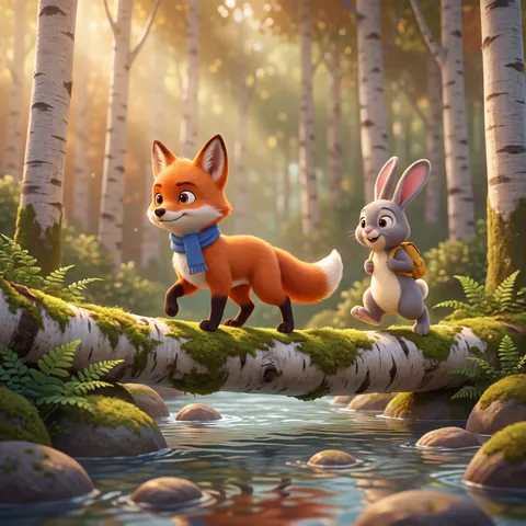 Pipo y Lula cruzan un tronco sobre el río, en estilo 3D cinematográfico