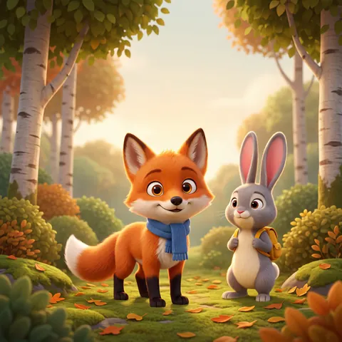 Pipo, un zorrito con bufanda azul, y Lula, una conejita con mochila amarilla, en un bosque de abedules, en estilo 3D cinematográfico
