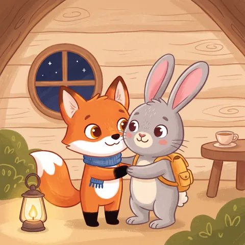 Pipo y Lula se abrazan en una cabaña de noche, en ilustración infantil 2D
