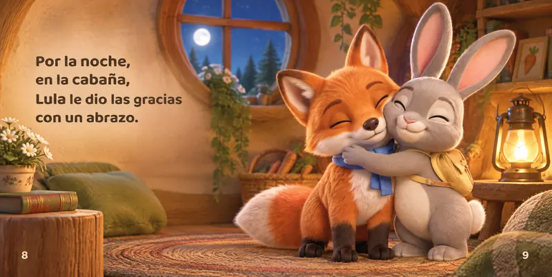 Doble página de ejemplo en estilo 3D cinematográfico: Pipo y Lula se abrazan en la cabaña, con el texto «Por la noche, en la cabaña, Lula le dio las gracias con un abrazo.»