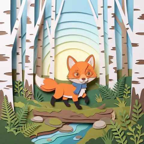 Pipo camina por un bosque de papel recortado en capas